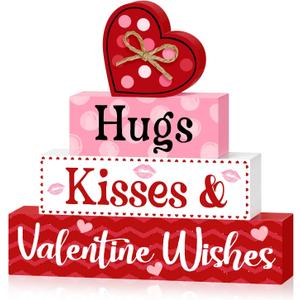 Valentine's Day Table Signs Decorations, Wooden Blocks Heart Shape Love Sign Decor, Red Pink Romantic Sweet Home Centerpiece Freestanding Tiered Tray Decor for Wedding Anniversary Party 4 Layered