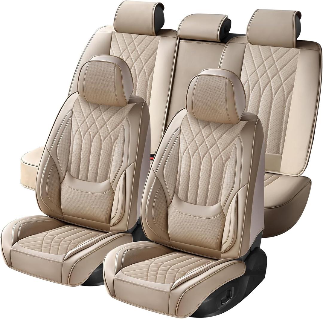 Car Seat Covers Full Set, Nappa Leather Seat Covers for Cars, Beige Car Seat Protector Waterproof, Car Seat Covers Front Seats and Back Fit for Most Cars SUVs Trucks