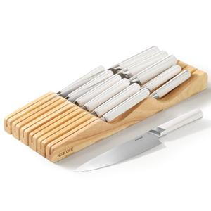 CAROTE 12PCS Knife Set, Stainless Steel Kitchen Knife Set with Drawer Store Kinife Organizer, Cutlery Set with Block, Dishwasher Safe, White (Include Knives)