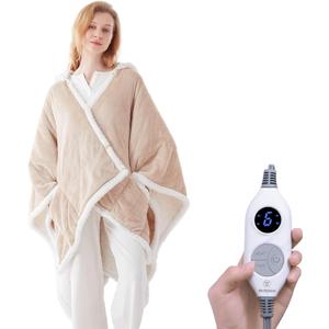 Westinghouse Wearable Heated Throw Blanket, Electric Heated Wrap Poncho Shawl with Pockets, 6 Heating Levels & 2 to 10 Hours Time Settings, 50 x 60 Inch, Beige