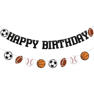 Sports Happy Birthday Banner, Multi Sport Party Decorations, Football Soccer Basketball Baseball Happy Birthday Bunting Sign, Rookie Year Party Decorations