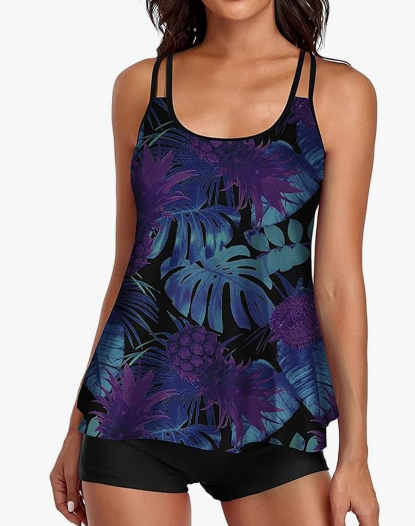 Urchics Womens 2025 Tankini Swimsuits Tummy Control Flowy Swimwear Two Piece Bathing Suits Swim Tank Top with Boyshorts, Large