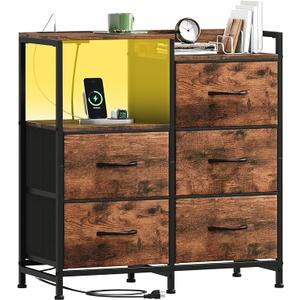 Somdot Black Nightstand with Charging Station and LED Light, Wide 5 Drawers Dresser for Bedroom with Fabric Bins and Open Shelf for Bedroom Kids Closet Dorm Guest Room,Wood Grain Print
