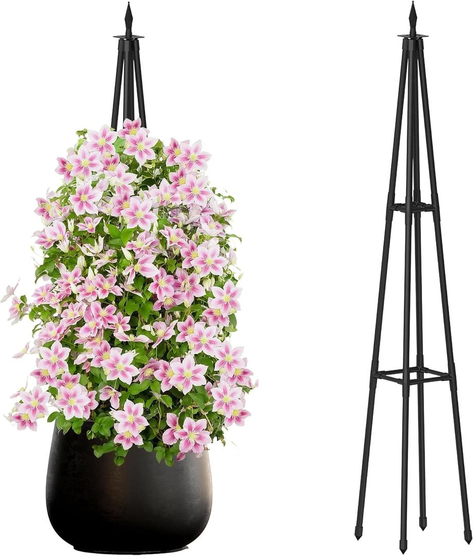 4FT Obelisk Trellis for Climbing Plants Outdoor, 16mm Rust-Proof Extra Thickened Plastic-Coated Metal Pipes, Indoor Climbing Support for Potted Plants, Vines, Flowers Stands,Black