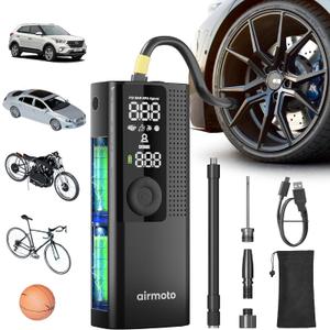 Airmoto Tire Inflator Portable Air Compressor - Air Pump For Car Tires with Digital Pressure Gauge, LED Light and Auto Shut-Off Function - Cordless Pump for Car, Motorcycle, Bicycle, Ball