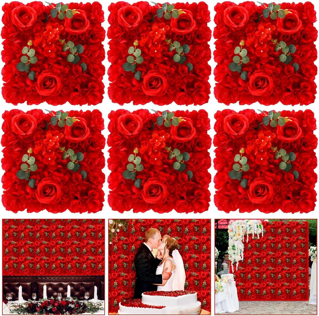 Tigeen 6 Pcs Flower Wall Panels 3D Silk Rose Floral Decorative Faux Flower Wall Background for Wedding Home Decoration Background Shop Party Photo Arrangement(Rose Red,15 x 15 Inch)