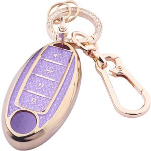 Cute Bling Key Fob Cover for Nissan 4 Buttons, Diamond Cut TPU Case with Keychain, Protective Shell for Murano Sentra Altima Rogue Kicks Armada Pathfinder Smart Key,Purple