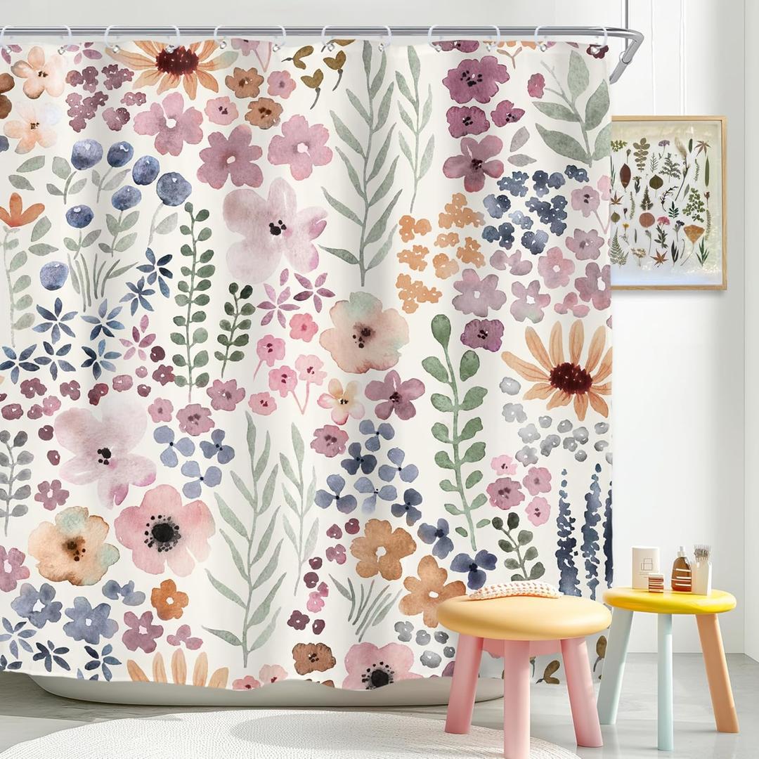 Riyidecor Cute Floral Flower Shower Curtain for Bathroom Decor 72Wx72H Watercolor Spring Botanical Plant Rustic Nature Herbs Grey Gray Art Printed Fabric Polyester Waterproof 12 Pack Plastic Hooks