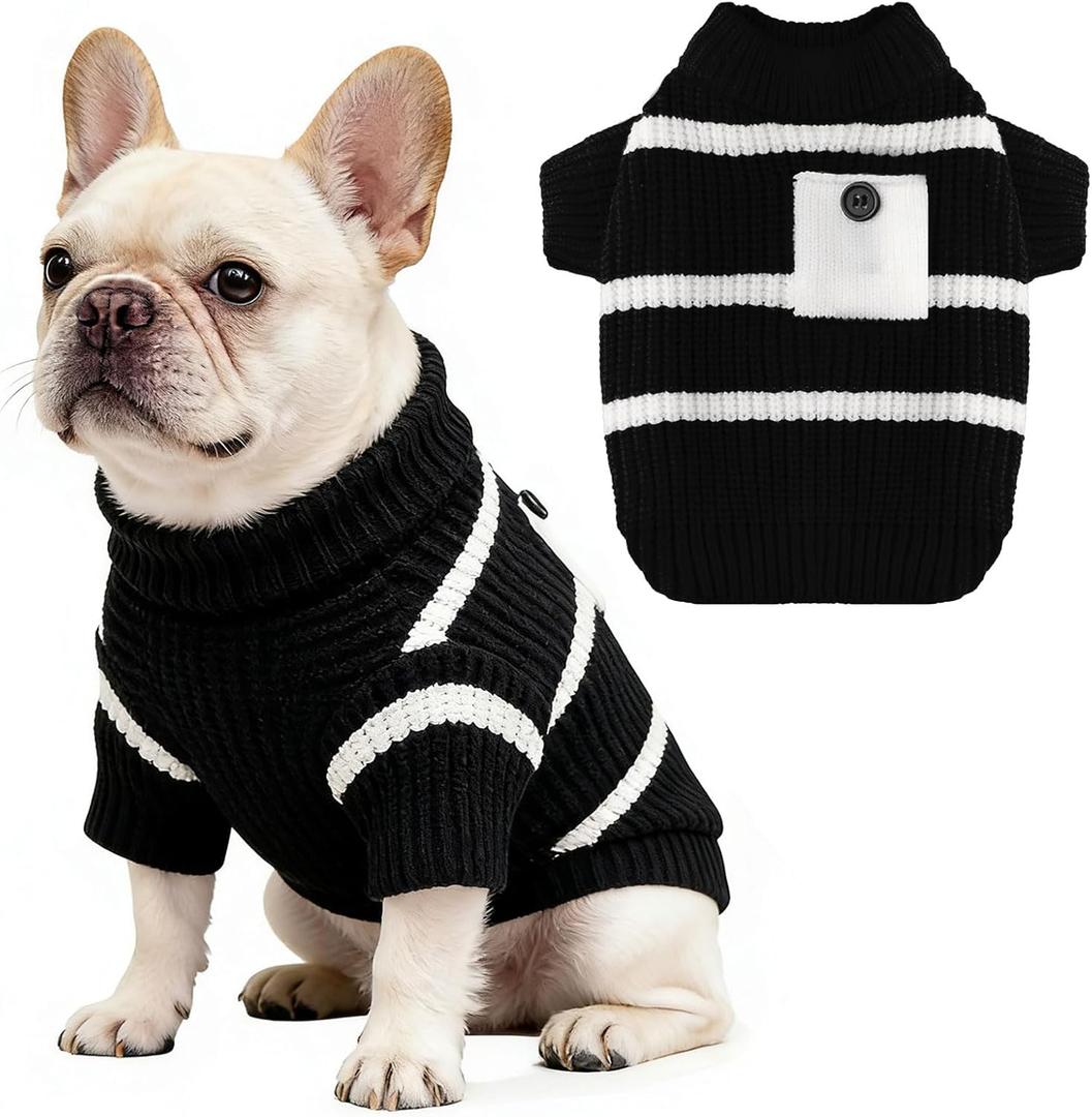 Small Dog Sweater with Cute Pocket Decoration, Striped Soft Stretchable Warm Puppy Clothes for Small Dogs Cats, French Bulldog, Chihuahua for Winter (XS, Black)