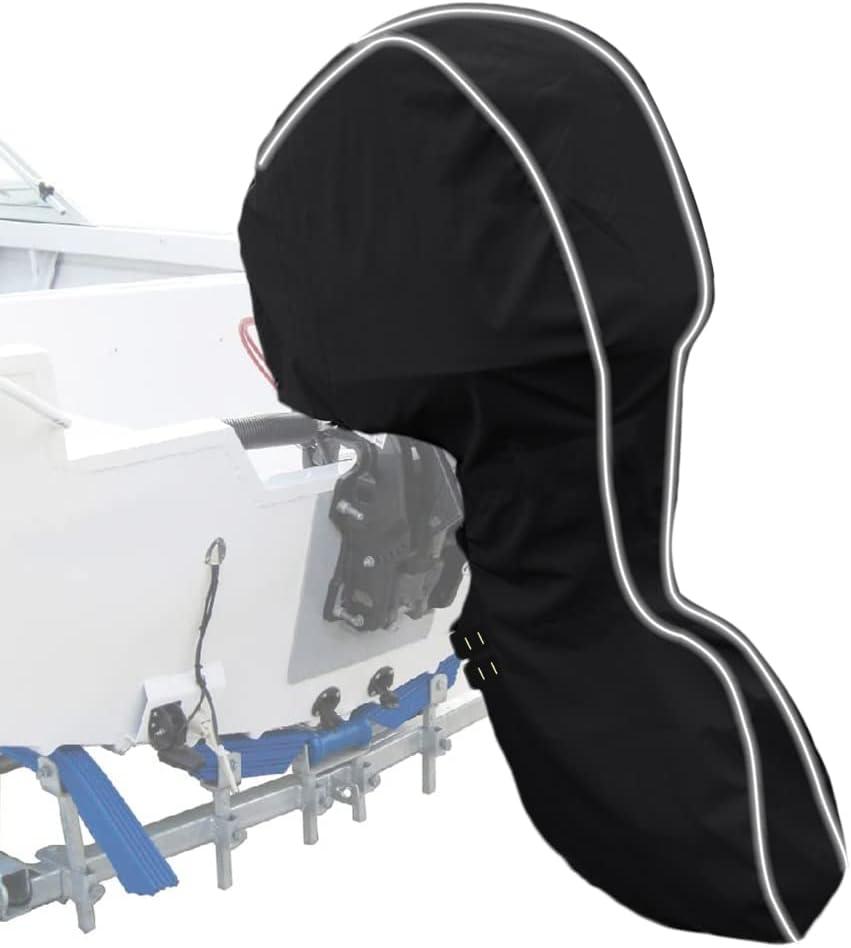 Upgraded 600D Fade and Tear Resistant Trailerable Full Outboard Motor Cover,Waterproof and UV-Proof Boat Motor Cover,Boat Engine Cover with Reflective Strips and Adjustable Strap(Fits 100-150 HP) (black)