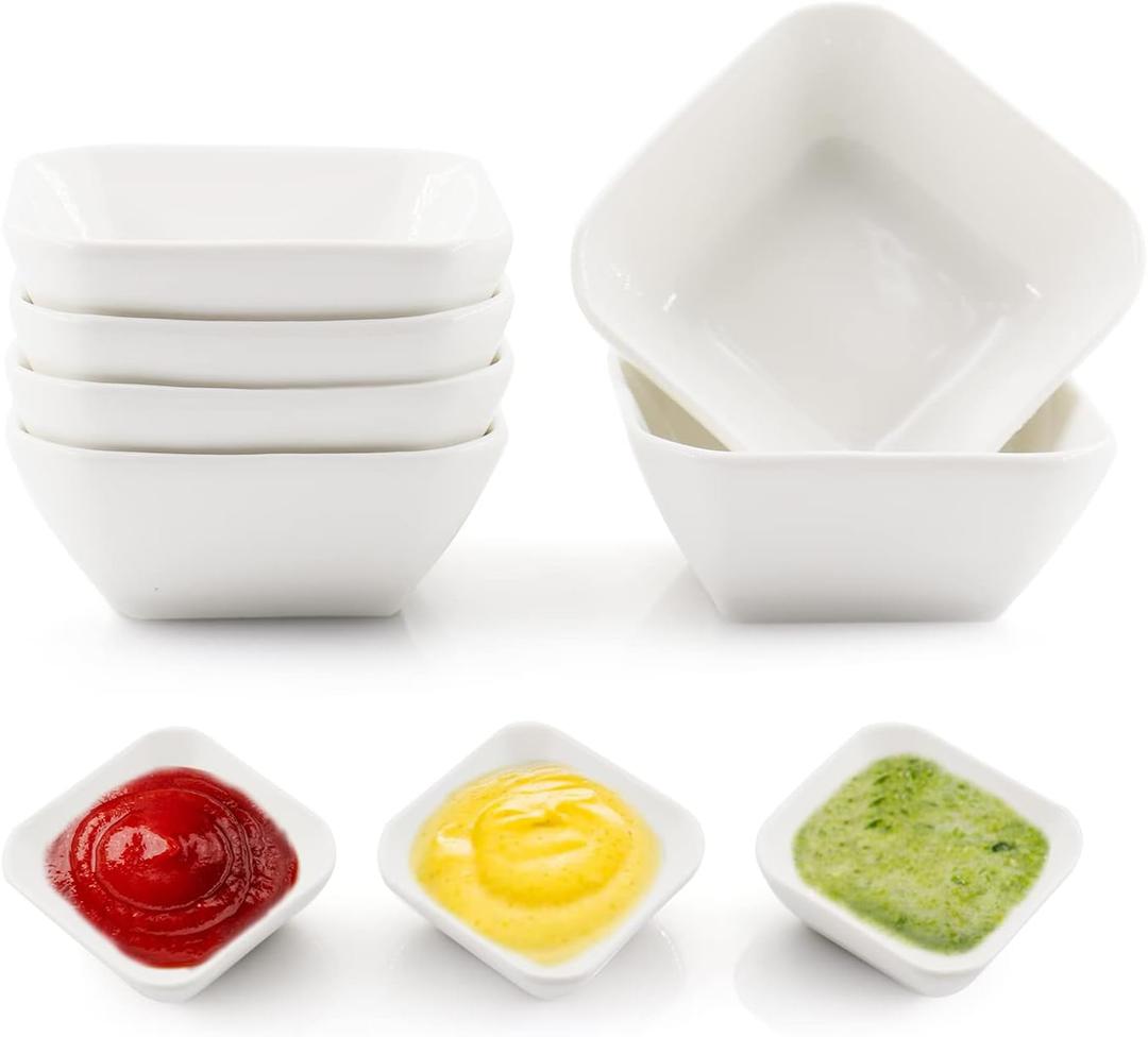 Ultra-Strong 3 Oz 6 Pack Ceramic Dip Bowls Set, Mini Bowl Soy Sauce Plate, Condiment Server, Can be Used for Ketchup, Vinegar,BBQ and Party Dinner (Square 6 Pcs)
