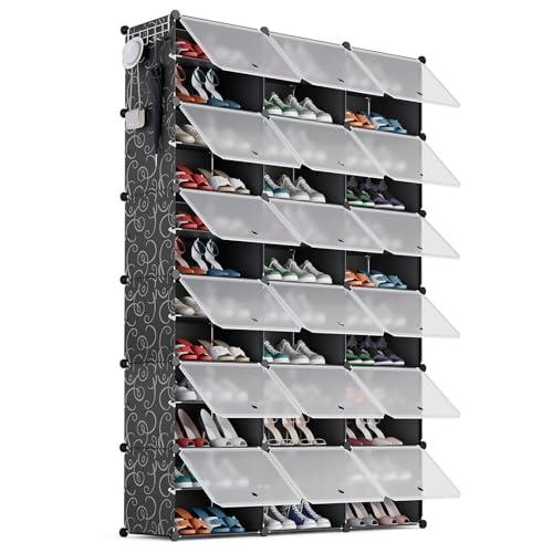 AINIYNM Shoe Storage Organizer Cabinet 72 Pair Plastic Shoe Rack with Cover Expandable Adjustable Free Standing Stackable Space Shoe Shelves Organizer for Closet Hallway Bedroom Entryway