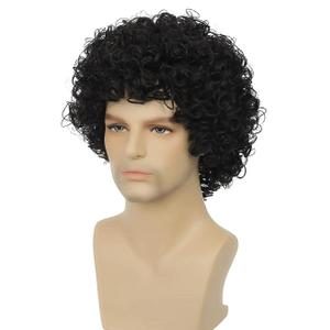 Curly Wig Men Afro Short Black Rocker Party Wigs 70s 80s Fluffy Synthetic Daily Cosplay Halloween Hair Wig for Male Guys (Black)