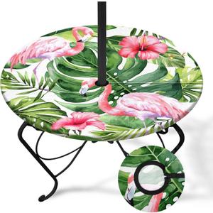 Tropical Palms Round Outdoor Tablecloth with Umbrella Hole, Plaid Fitted Table Cover with Zipper, Outdoor Camping Essentials, Waterproof Umbrella Table Cloth with Elastic (36''-44'')