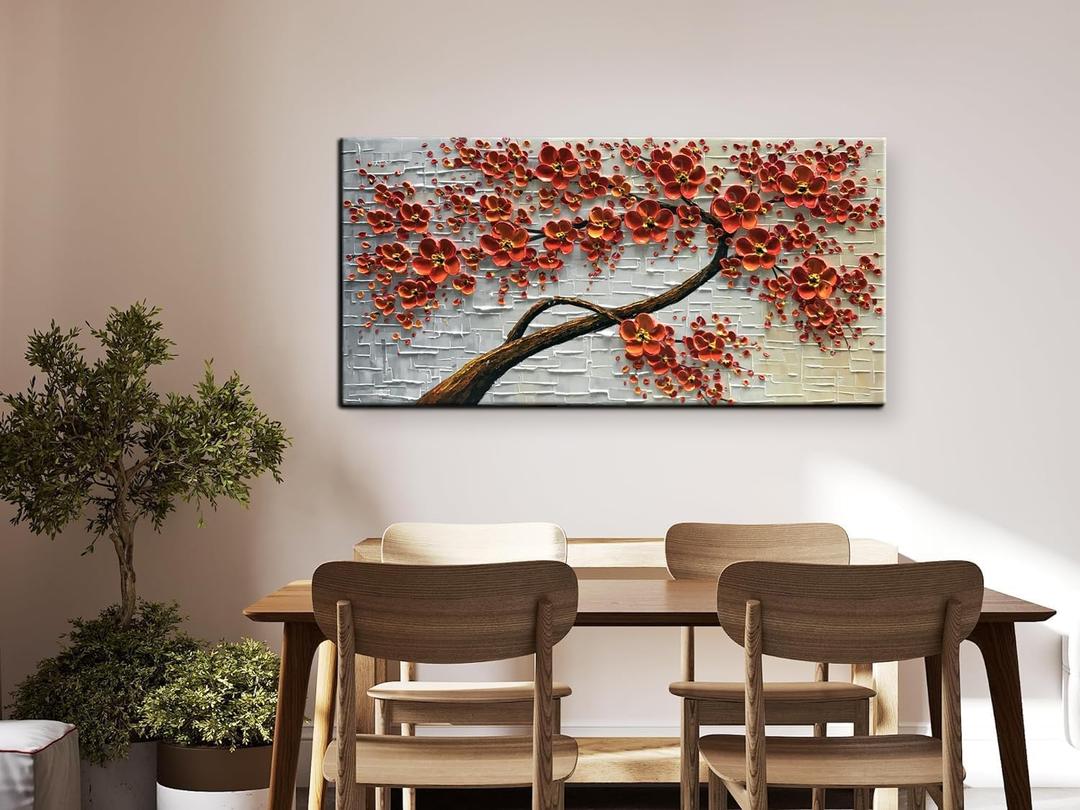 YaSheng Art -Large 3D Textured Framed Abstract Floral Oil Painting ,Wall Art for Living Room,hand painted Canvas Wall Art, Bedroom Wall Art Decor, 3D Red Floral Artwork, Modern Home Wall Decor 60x24inch (YS0012)