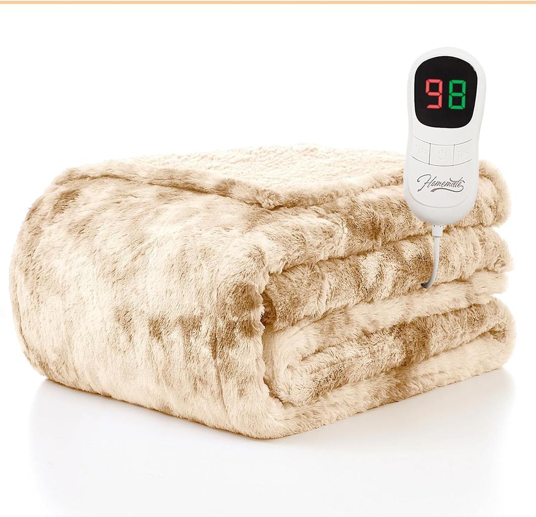 Homemate Heated Blanket Electric Throw - 50"x60" Heating Blanket Throw 1/2/4/6/8 Hours Auto-Off 10 Heat Levels Over-Heat Protection Luxury Faux Fur Sherpa ETL Certification (23 - Tie-dyed Ivory)
