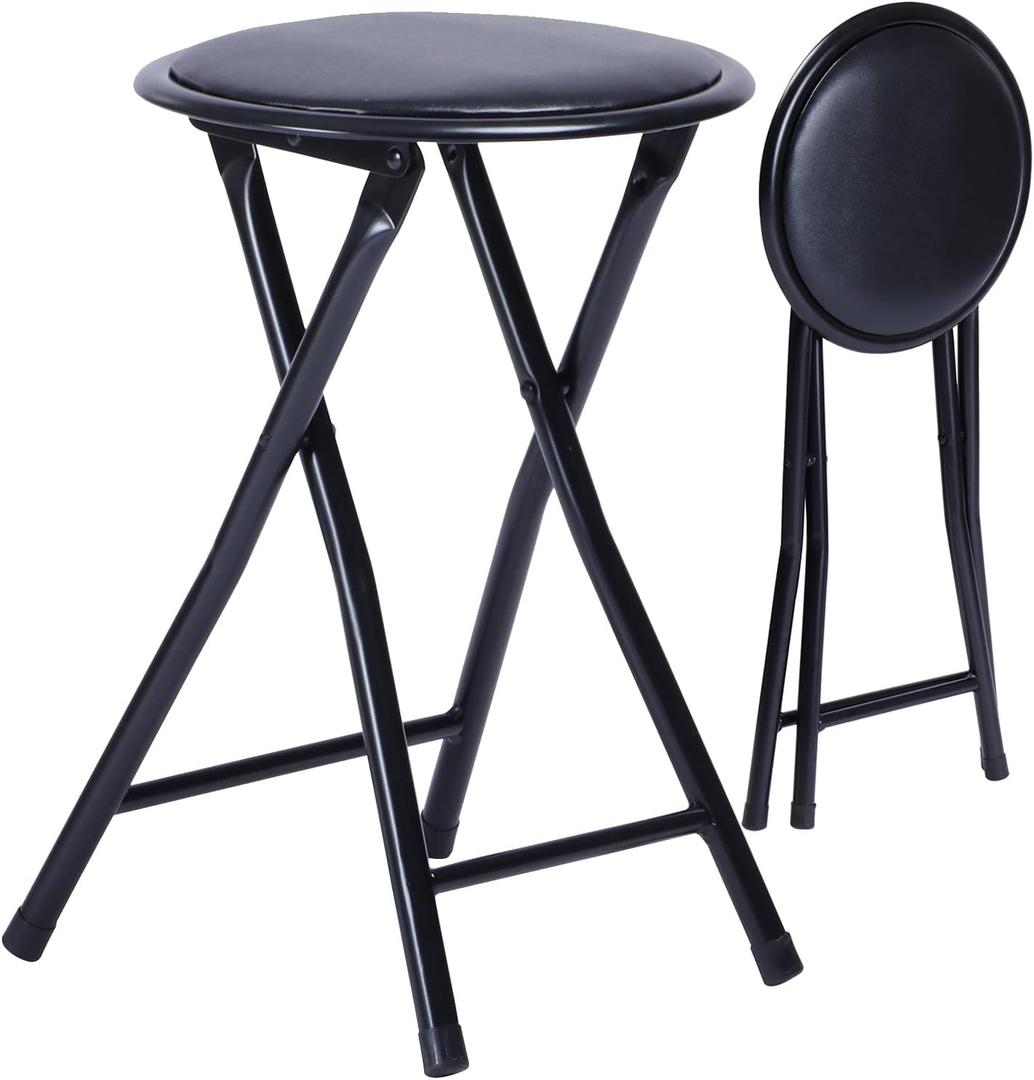 FurnitureR Folding Stool, Backless 18-Inch Stool Chair Collapsible Padded Round Portable for Indoor/Outdoor, Metal Frame, PVC Cushion, No Assembly Required, Set of 1, Black
