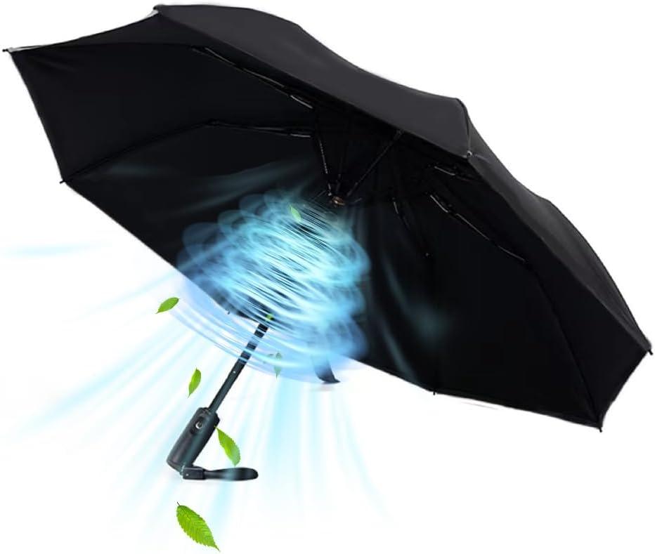 WOOLALANewly UV Portable Cooling UPF 50+ Foldable Umbrellas with Fan for Sun & Rain, USB Rechargeable for Games, Playgrond, Heatstroke, Hot Days (black)
