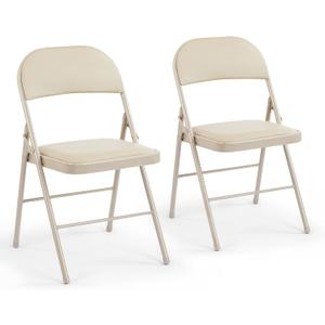 DUMOS 2 Pack Leather Padded Folding Chair, Indoor Outdoor Portable Stackable Commercial Seat with Steel Frame, Capacity for Home, Office, Party, Comfy, Kahki