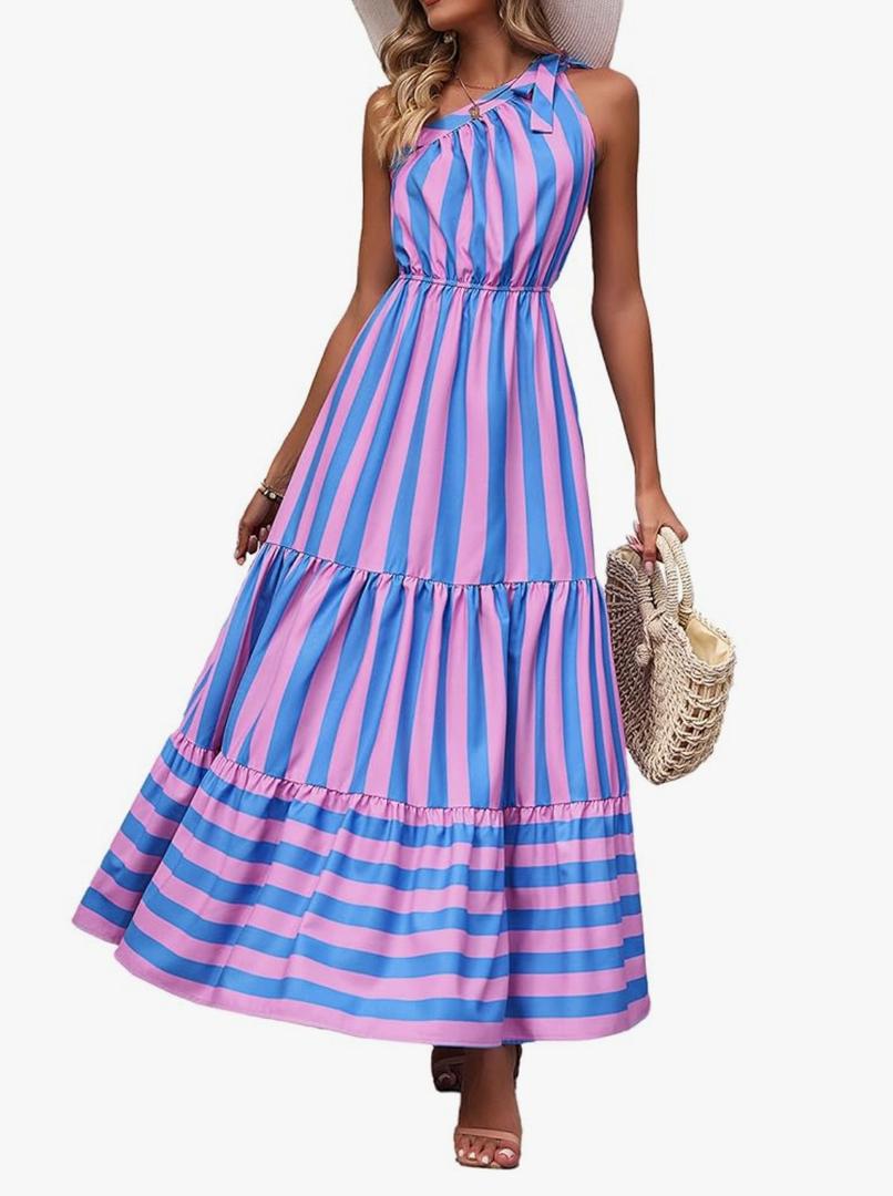 PRETTYGARDEN Women's Summer Floral One Shoulder Maxi Dress Knot Ruffle Boho Beach Vacation Wedding Guest Long Dresses, S