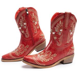 Cowboy Boots for Women, Cowgirl Boots with Sparkly Embroidered Rhinestones, Short Western Ankle Boots for Women with Side Zipper Pull On (6)