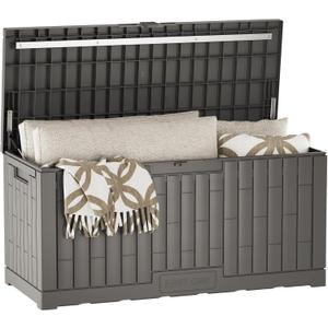 EAST OAK 120 Gallon Outdoor Storage Box | Large Resin Deck Box with Reinforced Stainless Steel Support | Waterproof & UV-Resistant Patio Storage Box for Cushions, Garden Tools & Pool Accessories, Grey