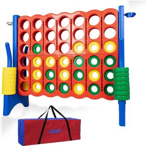 Oversized 4 in a Row Connect Game+Waterproof Carry Bag,Included-4 ft X 3.5 ft Tall,4-to-Score Jumbo with 44 Pieces Rings&Drink Holder,48 Super Size-Indoor&Outdoor Giant 4 Game for Kids&Adults (Red + Blue)