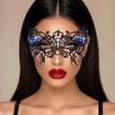 Masquerade Mask for Women Rhinestone Butterfly Lace Masquerade Masks Venetian Costume Ball Party Eye Mask (Blue)