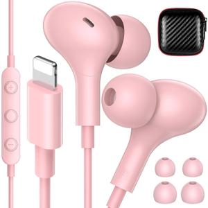 iMangoo for MFi-Certified Lightning Wired Earbuds for Apple, Magnetic in Ear Buds Headphones with HiFi Bass,3 Ear Tips Mic Corded Earphones for Gym, Commuting for iPhone 14 Plus 13 12 11 Pro Max Pink