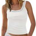Yousify Womens Lace Trim Camisole Tank Tops Summer Y2K Scoop Neck Sleeveless Slim Fitted Ribbed Cami Tops (Small, White)