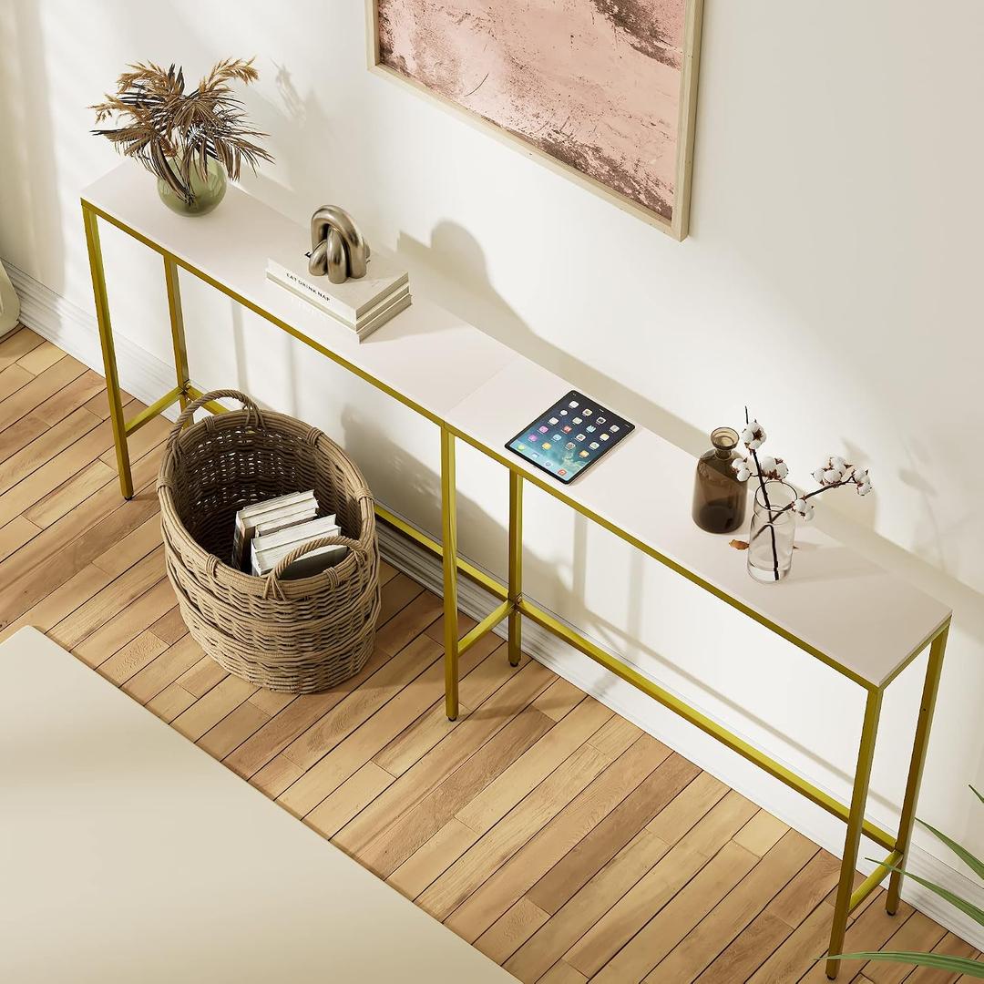 70.9" Console Table,Modern Extra Narrow Long Sofa Table Behind Couch,Skinny Entry Table with Gold Metal Frame for Living Room, Hallway,Classic White