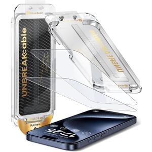 2 x UNBREAKcable Screen Protector for iPhone 15 Pro Max, Pull-To-Protect Easy Installation, Auto Dust-Elimination, 9H+ Military-Grade Tempered Glass, Bubble-Free, Case Friendly, HD Clear, 6.7 Inch, 2 Pack