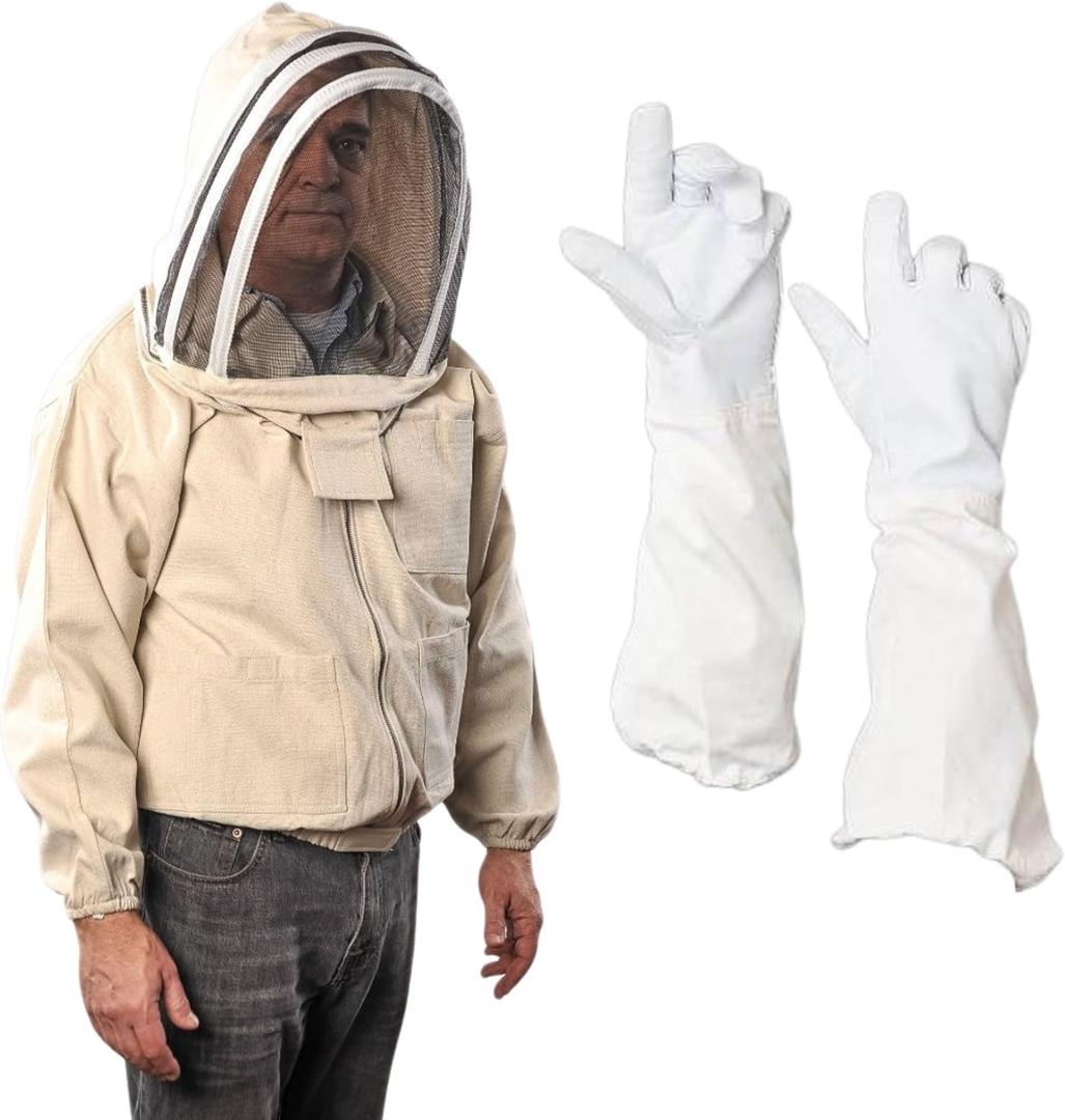 Bee Jacket with Veil - Natural Canvas Bee Suit Jacket with Elastic Waist & Cuffs, YKK Brass Zippers, 3 Utility Pockets. Removable Hood Interchangeable with Forest Beekeeping Suit. XL