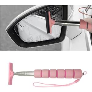 2 x Car Rearview Mirror Wiper, Retractable Auto Glass Squeegee, Water Cleaner with Telescopic Long Rod, Portable Cleaning Tool for All Vehicles, Universal Automotive Accessories (Pink)