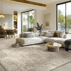 Madane 8x10 Area Rugs for Living Room, Machine Washable Vintage Rug with Anti-Slip Backing, Soft Floral Print Large Rugs, Foldable Thin Area Rug for Bedroom Dining Room (8 x 10, Brown/Sand)