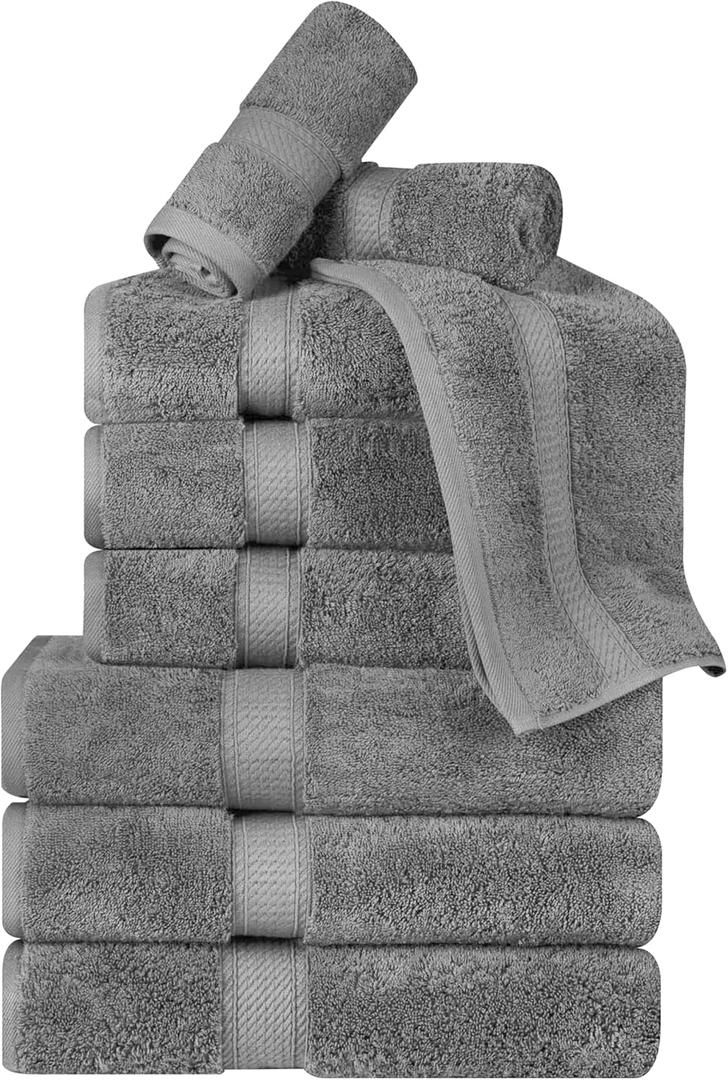 Superior Egyptian Cotton Pile 10 Piece Towel Set, Includes 2 Bath, 4 Hand, 4 Face Towels/ Washcloths, Ultra Soft Luxury Towels, Thick Plush Essentials, Guest Bath, Spa, Hotel Bathroom, Charcoal