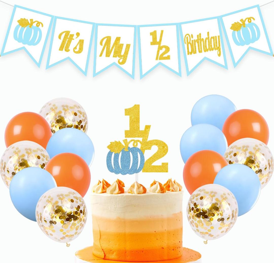 Pumpkin It's My 1/2 Birthday Banner Half Birthday Cake Topper 6 Months Photo Prop Halloween Fall Balloons Party Supplies (blue)