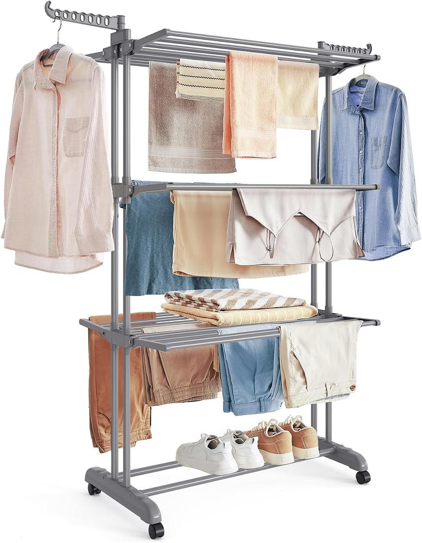 SONGMICS Clothes Drying Rack Stand 4-Tier, Foldable Laundry Drying Rack 68.1-Inch Tall, Steel, Rolling Clothes Horses Dryer Rack, Easy to Assemble, Indoor Outdoor Use, Dove Gray ULLR701G01, 25"d X 50.4"w X 68.1"h