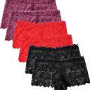 Women's Lace Panties, Soft Stretch Cute Boyshorts Panties, Sexy Cheeky Underwear, Multipacks (Large, Tomato Red*2 Black*2 Grape Purple*2)