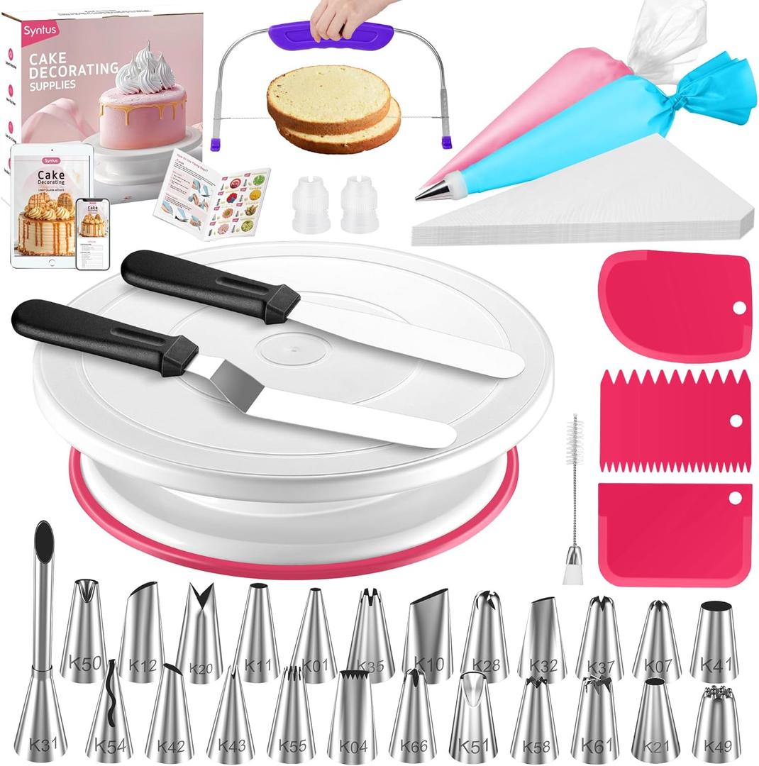 Syntus 65 PCs Cake Decorating Kit with Cake Stand Turntable, Cake Baking Supplies 30+1 Piping Bags, 24 Piping Tips, Offset & Straight Spatulas, 3 Scrapers, Leveler, 2 Couplers & 1 Tips Brush (Rose Pink)