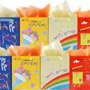 YTJXIbg Birthday Gift Bag Medium Size with Handles &Tissue Paper & Wish Card, 8 Packs 4 Assorted Designs Birthday Bag for Boys Girls.