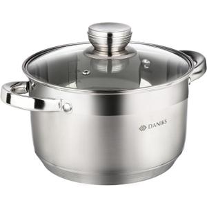 Daniks Standard 4 Quart Stainless Steel Stock Pot with Glass Lid, Tri-Ply Bottom for Even Heating, Induction Compatible, Dishwasher Safe, Built-In Measuring Scale, Silver