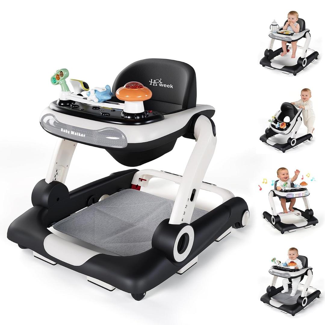 Baby Walker,4-Gear Height Adjustable Baby Walker with Wheels,5 in 1 Baby Activity Center,Music and Lights Bouncer Walker for Baby Boy 6-18 Months,Adjustable Speed Baby Push Walker, Black
