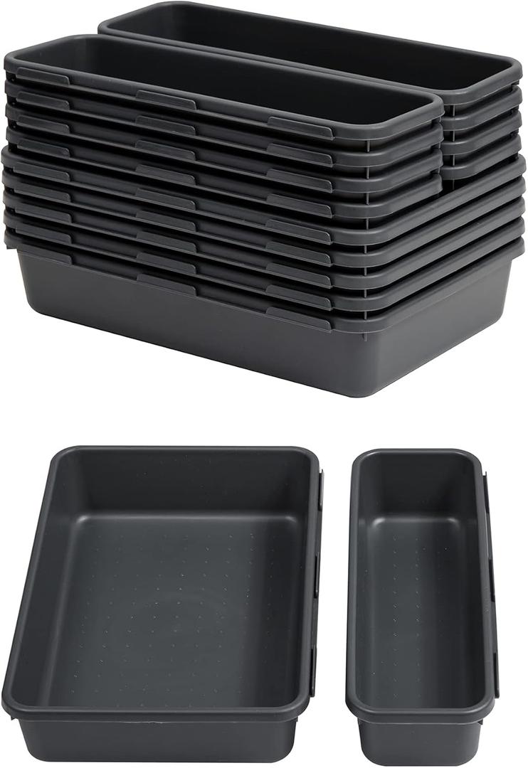 Gonice 13 PCS Drawer Organizer Tray, Interlocking Office Desk Drawer Storage, Black Plastic Organizer Bins for Office Supplies and Tools, Desk Drawer Organizer for Bathroom and Kitchen