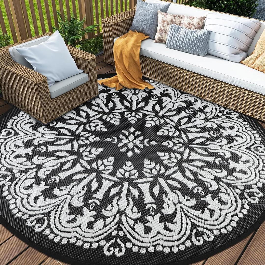 Homcomoda Round Outdoor Patio Rugs 8Ft Waterproof Indoor Outdoor Area Rugs Clearance Reversible Straw Rugs Circle Outdoor Area Rugs for Porch Garden Deck Backyard Balcony (Black)