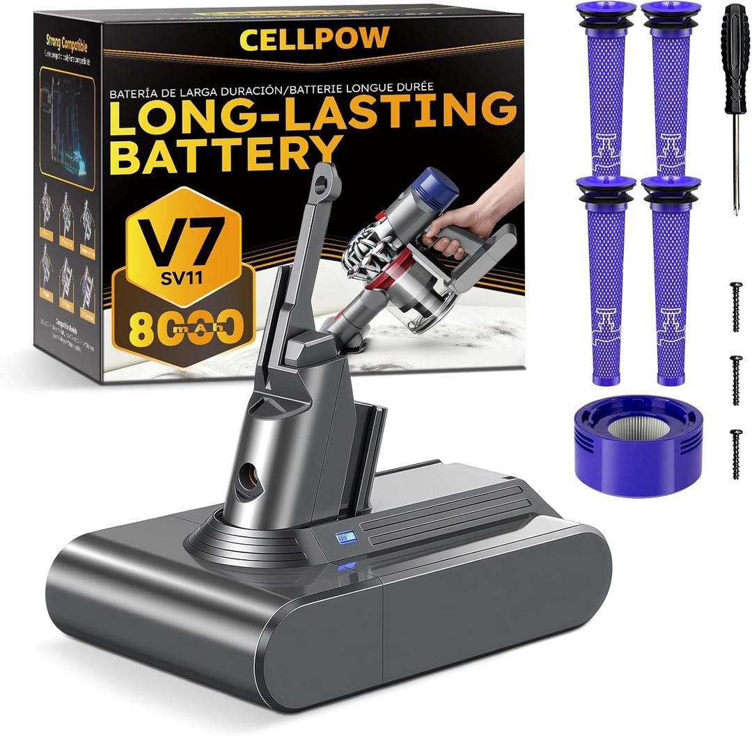 Upgraded 8000mAh V7/SV11 Battery Replacement Compatible with Dyson V7 Animal/Trigger/Motorhead/HEPA/Car+Boat/Absolute Series Cordless Vacuum Cleaner with 5 Filters (4 Pre + 1 Post)
