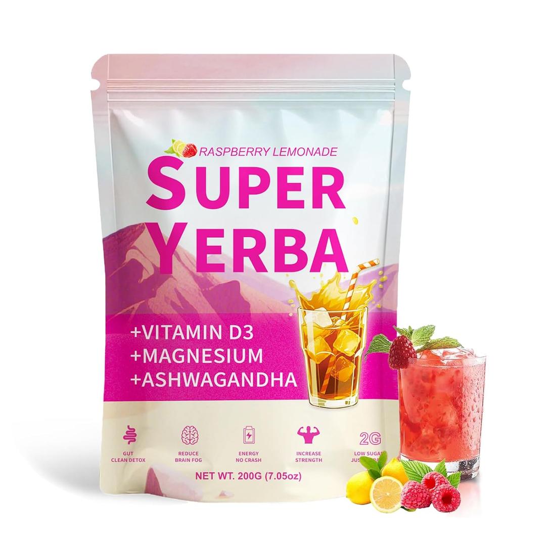2 x Super Yerba, Yerba Mate Instant Tea Powder - Clean Energy & Focus with L-Theanine, Gut Health Support with Prebiotics, Raspberry Lemonade Flavor - 20 Servings (1 Bag) (EXP 05/31/27)