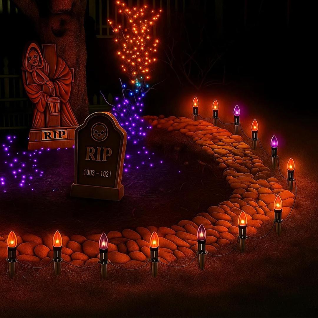 Halloween Pathway Lights Outdoor,10 Pack Halloween Party Decor Stake Lights with C9 Clear Black&Orange Bulbs,19.5Ft Extendable Waterproof Walkway Lights for Yard Porch Lawn Garden