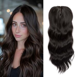 Lace Front Hair Body Wavy Topper Big Base Cover Thinning/White Hair Clip in Toppers Fiber Wiglets with Fringe (Brown Black)