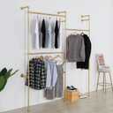 Modern Simple Industrial Pipe Double Hanging Rods Clothing Rack, Clothes Rack Wall Mounted Heavy Duty Hanging Clothes Rack, Detachable Garment Bar 93.7X84inch (Gold)